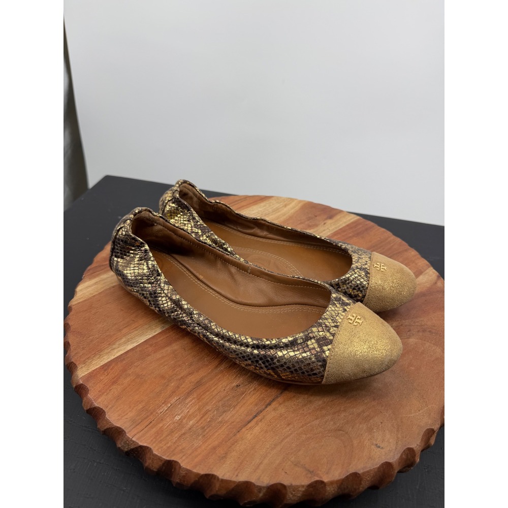 Tory Burch York Roccio Ballet Flats sz 8M Gold Metallic Snakeskin‎ Cap Toe Logo